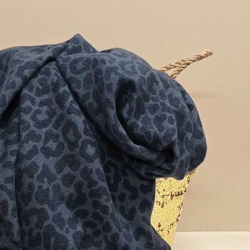 Winter Leopard Blanket Scarf In Navy Blue, 2 of 3
