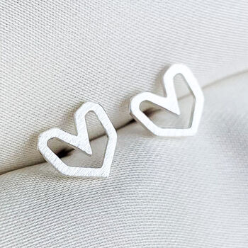 Sterling Silver Geometric Heart Stud Earrings, 3 of 6