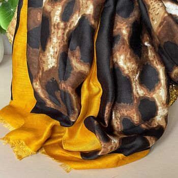 Leopard Print Scarf With Contrast Border In Mustard, 3 of 4