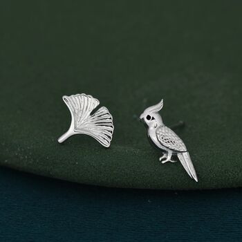 Sterling Silver Parrot And Ginkgo Leaf Stud Earrings, 2 of 8