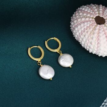 Coin Baroque Pearl Huggie Hoop Earrings, 7 of 11