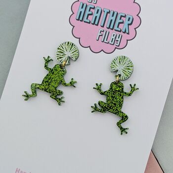 Glittery Frog Green Resin Earrings – Handmade Statement Pieces, 2 of 4