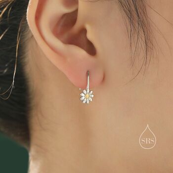 Sterling Silver Daisy Flower Drop Hook Earrings, 5 of 9