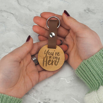 Engraved 'You're My Hero' Wooden Keyring For Dad, 2 of 4