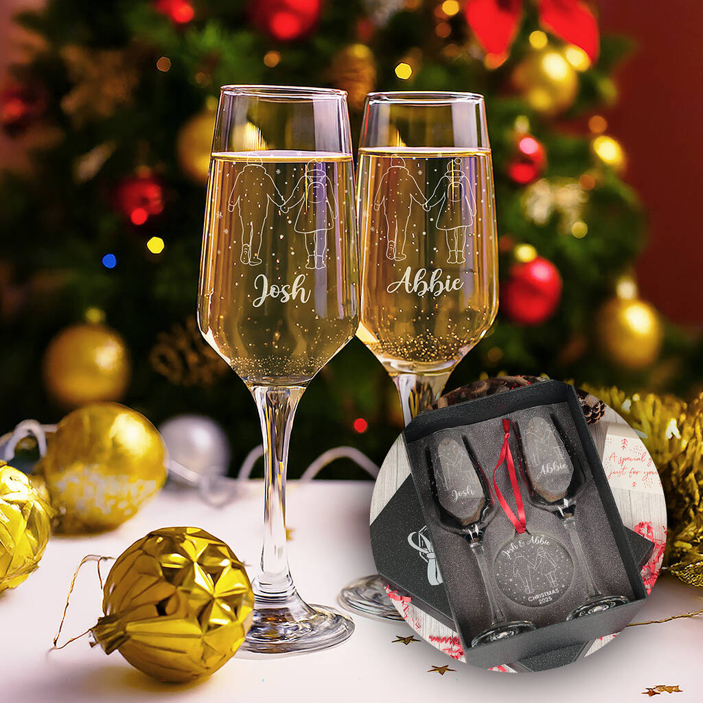 Christmas Couple In The Snow Pair Of Prosecco Flutes And Decoration Gift Set, 1 of 6