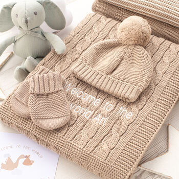 Sage Green Cable Knit Baby Blanket, Hat And Mittens Set, 2 of 12