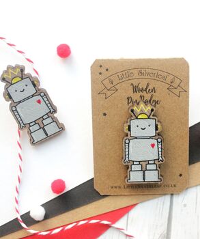 Cute Robot Wooden Pin Badge, 2 of 7