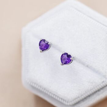 Genuine Amethyst Heart Stud Earrings, 2 of 11