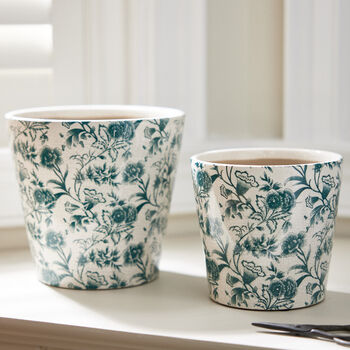 Set Of Two Teal Floral Plant Pots, 3 of 5