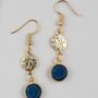 Gold Plated Filigree Disc Blue Sapphire Drop Earrings, thumbnail 2 of 4