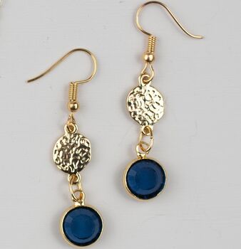 Gold Plated Filigree Disc Blue Sapphire Drop Earrings, 2 of 4