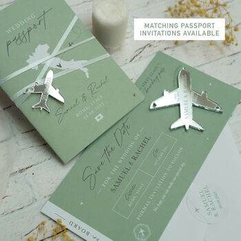 Sage Green Wedding Boarding Pass Save The Date With Silver Magnetic Plane, 6 of 6