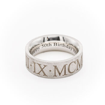 Roman Numerals Personalised Silver Ring 8mm Flat, 9 of 10