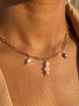Rose Quartz And Pearl Tarnish Free Gold Plated Charm Necklace, 3 of 5