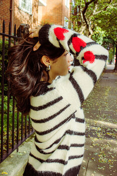 Cream Black Stripe Heart Sleeve Jumper, 3 of 5