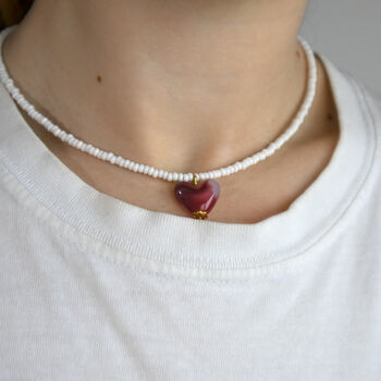 White Seed Bead And Pink Heart Necklace, 2 of 3