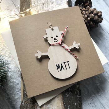 Personalised Wooden Snowman Decoration Christmas Card, 2 of 3