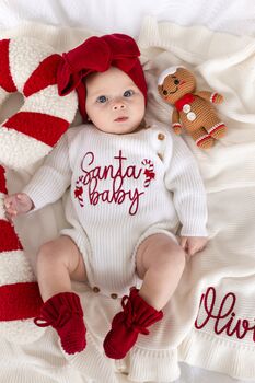 Santa Baby Christmas Embroidered Baby Knitted Romper, 2 of 12