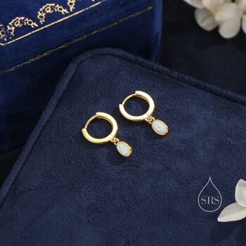 Sterling Silver Dangling Oval White Opal Hoop Earrings, 6 of 11