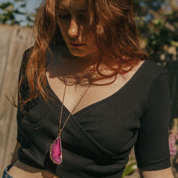 Gold Plate Pink Agate Crystal Long Length Necklace, 5 of 6