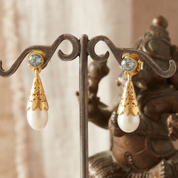 Blue Topaz And Pearl Gold Plated Stud Drop Earrings, 7 of 8