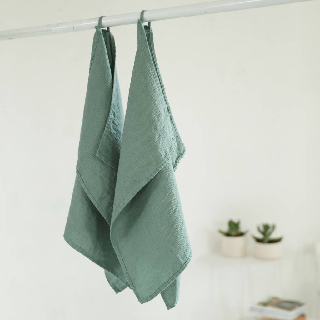 Spa Green Linen Bath and Hand Towels Set Washed Waffle - LinenMe