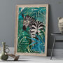 Zebra In The Gold And Green Jungle Leaves Art Print, thumbnail 1 of 4