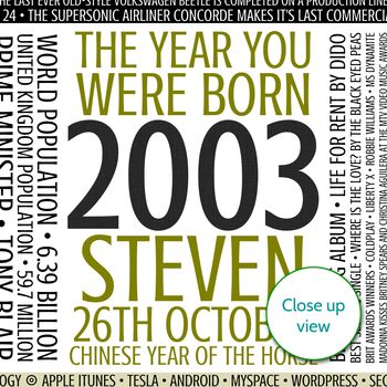 Personalised 21st Birthday Print Year 2003 Facts Gift, 3 of 12