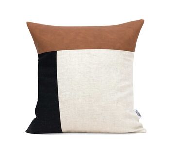 Geometric Pillowcase Navy Linen And Tan Faux Leather, 8 of 9