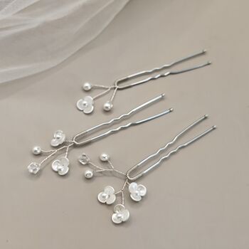 White Floral Bridal Hair Pins Set Of Three, 8 of 12
