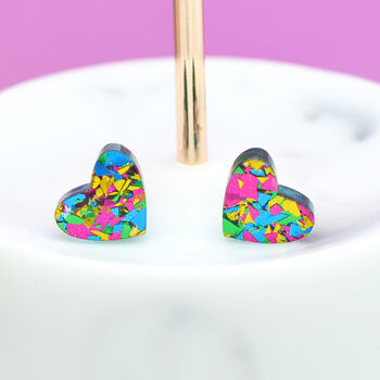Green Festival Confetti Love Heart Earrings Studs, 4 of 5