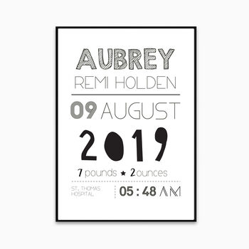 Personalised Modern Black And White New Baby Print, 2 of 2