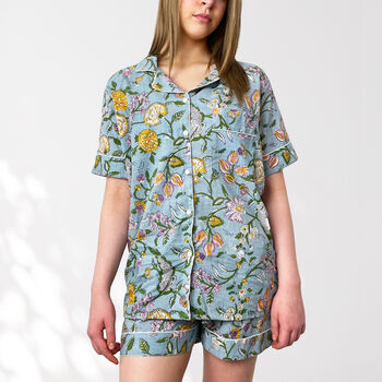 Pale Blue Floral 100% Cotton Ladies Pyjama Short Set, 4 of 12