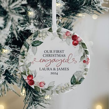 Personalised First Christmas Engaged Floral Ceramic Bauble, 3 of 3