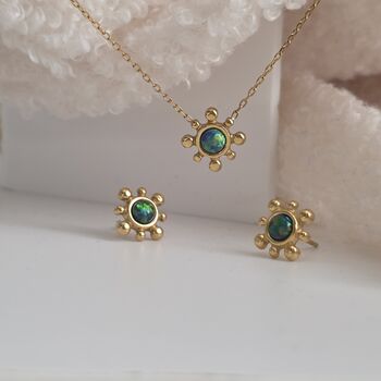 18k Gold Sunburst Australian Green Blue Opal Necklace And Stud Earrings Set, 4 of 12