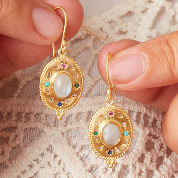 Moonstone Textured Drop 18 K Gold And Silver Earrings, 3 of 10