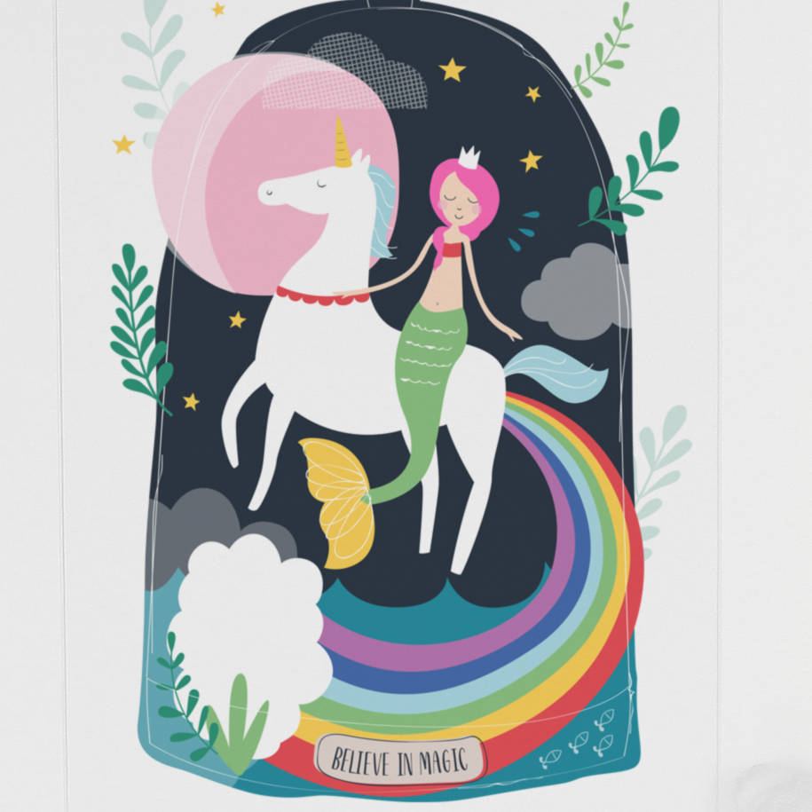 mermaid riding unicorn magical kids room art print by paper joy ...