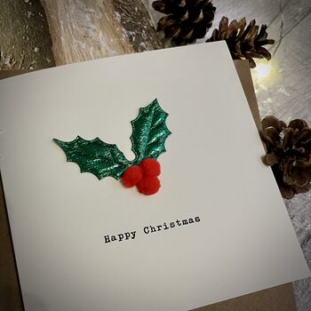 Personalised Holly Pom Pom Happy Christmas Card, 2 of 2