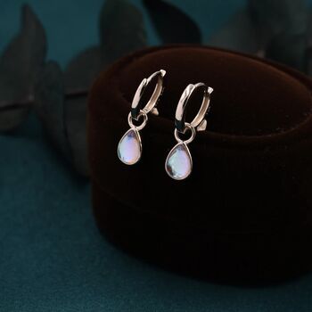 Moonstone Droplet Huggie Hoop Earrings, 3 of 10