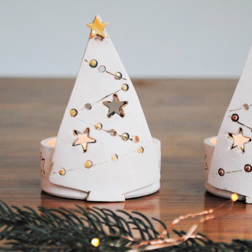 Tealight Holder Christmas Tree With Yellow Details By IGstudio Ceramics