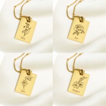 Personalised Rectangle Tag Birth Flower Necklace, 7 of 12