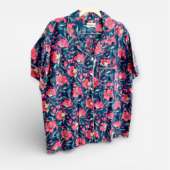 Navy And Pink Block Print 100% Cotton Ladies Pyjama Short Set, 3 of 6