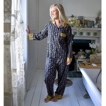 Block Printed Navy Blue, Mustard And Pink Lily Cotton Pyjamas, 4 of 9
