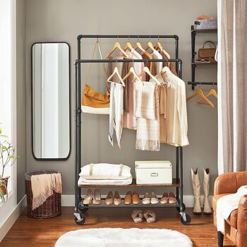 Double Clothes Rail Clothes Rack Hanging Rail On Wheels, 3 of 9