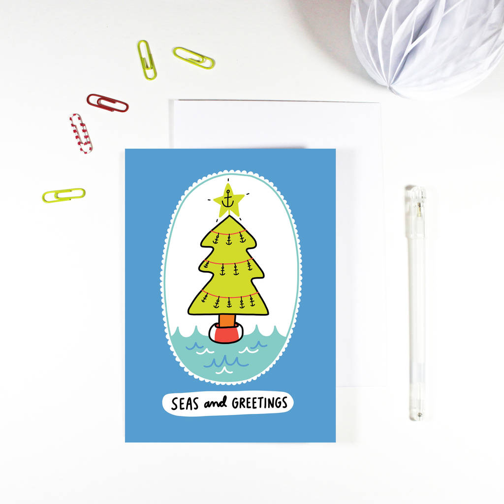 Seas And Greetings Nautical Christmas Card By Angela Chick