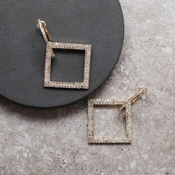 Gold Colour Square Crystal Encrusted Drop Earrings, 2 of 3
