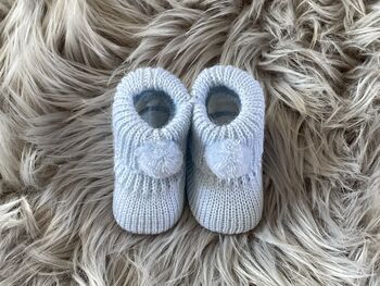 Blue Knitted Baby Booties With Pom Pom, 4 of 7