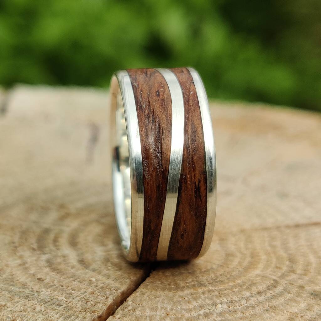 Silver Wave Ring With Dark Oak Inlay, 1 of 10