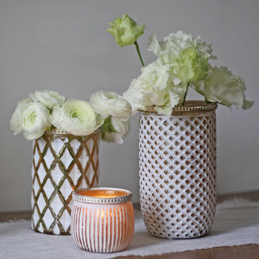 white and gold distressed glamour lantern / vase by the wedding of my