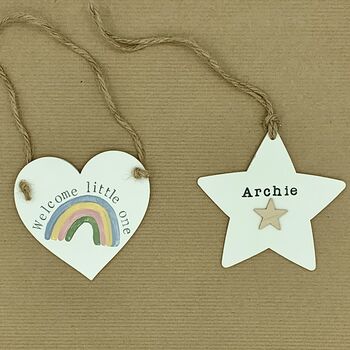 Personalised New Baby Gift Hanging Wooden Star, 3 of 4
